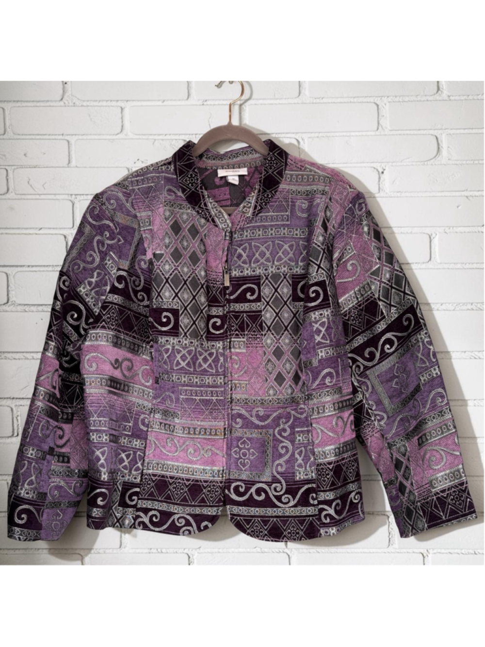 Dressbarn Women’s 3X Purple Patchwork Quilt Tapestry Zip Up Long Sleeve Jacket